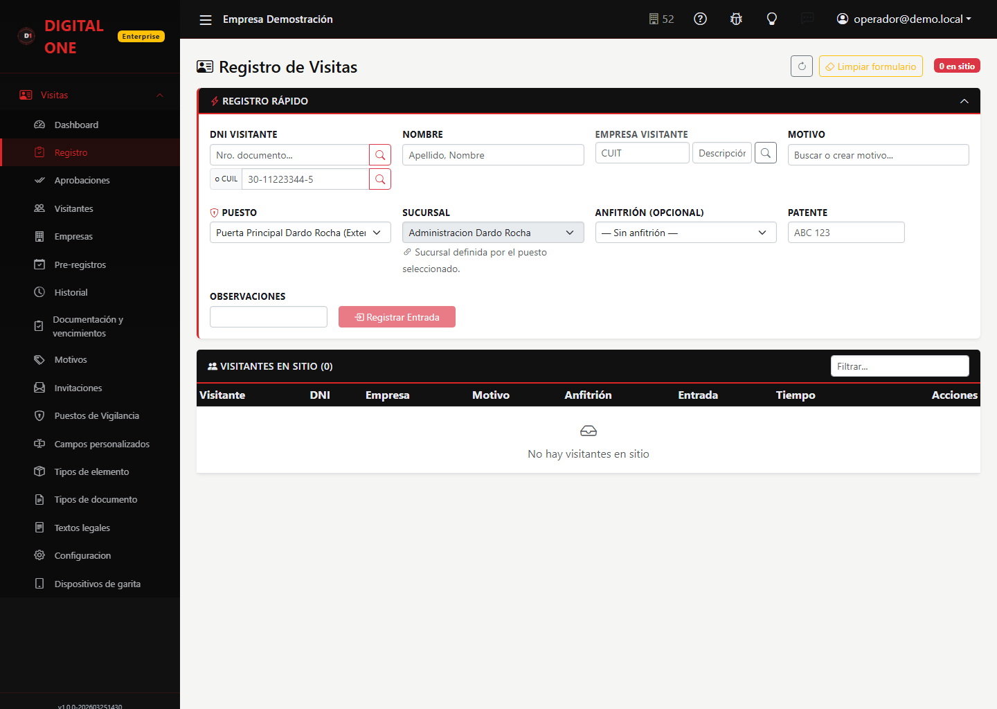 Pantalla «Registro de visitas» de Digital Visit