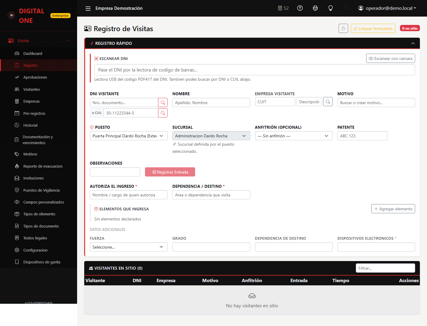 Registro de visitas en modo organismo: campos de autorización, dependencia, fuerza, grado y declaración de elementos