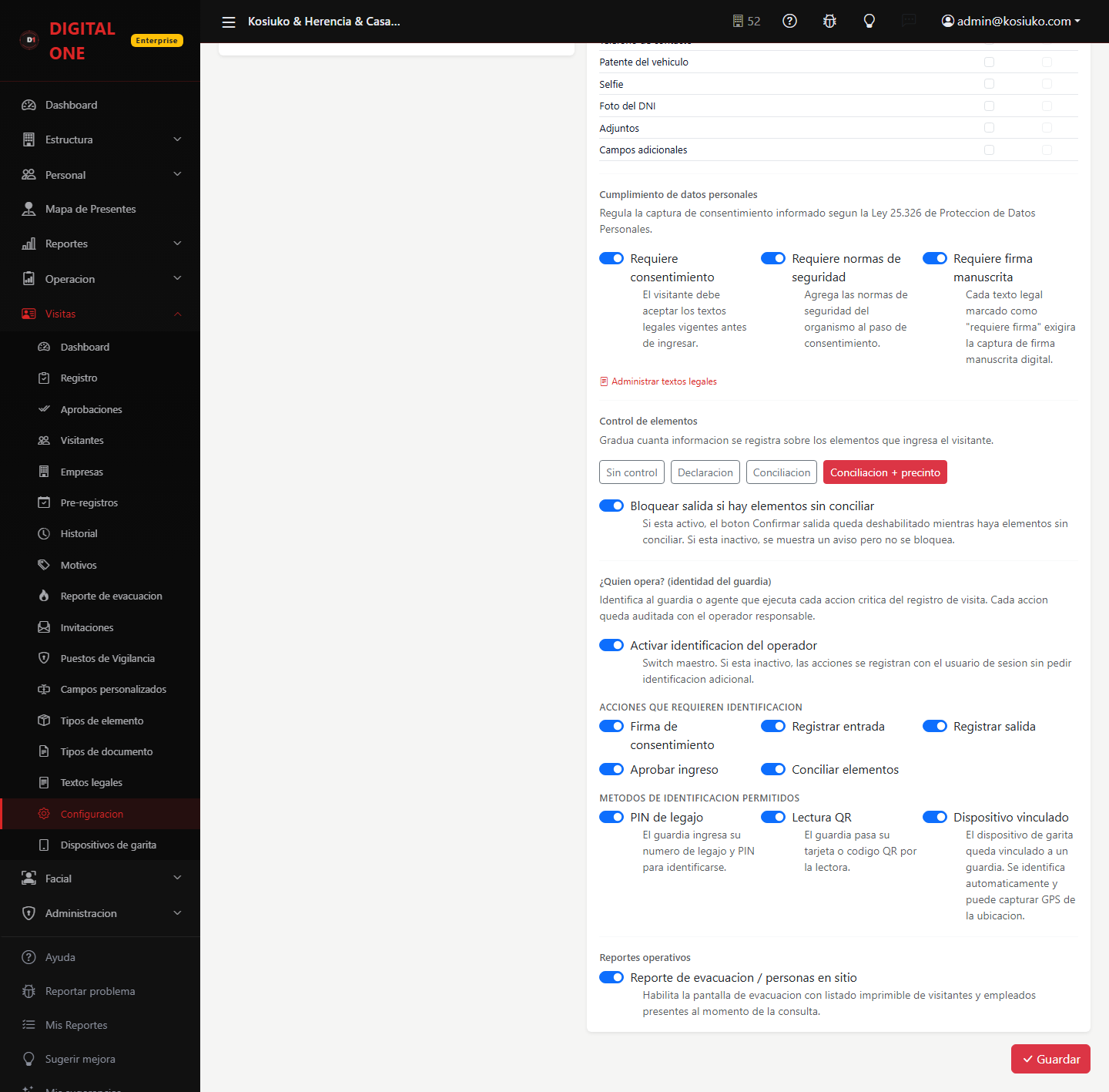 Configuración del módulo de visitas: protocolo de seguridad, control de elementos, métodos de identificación y evacuación