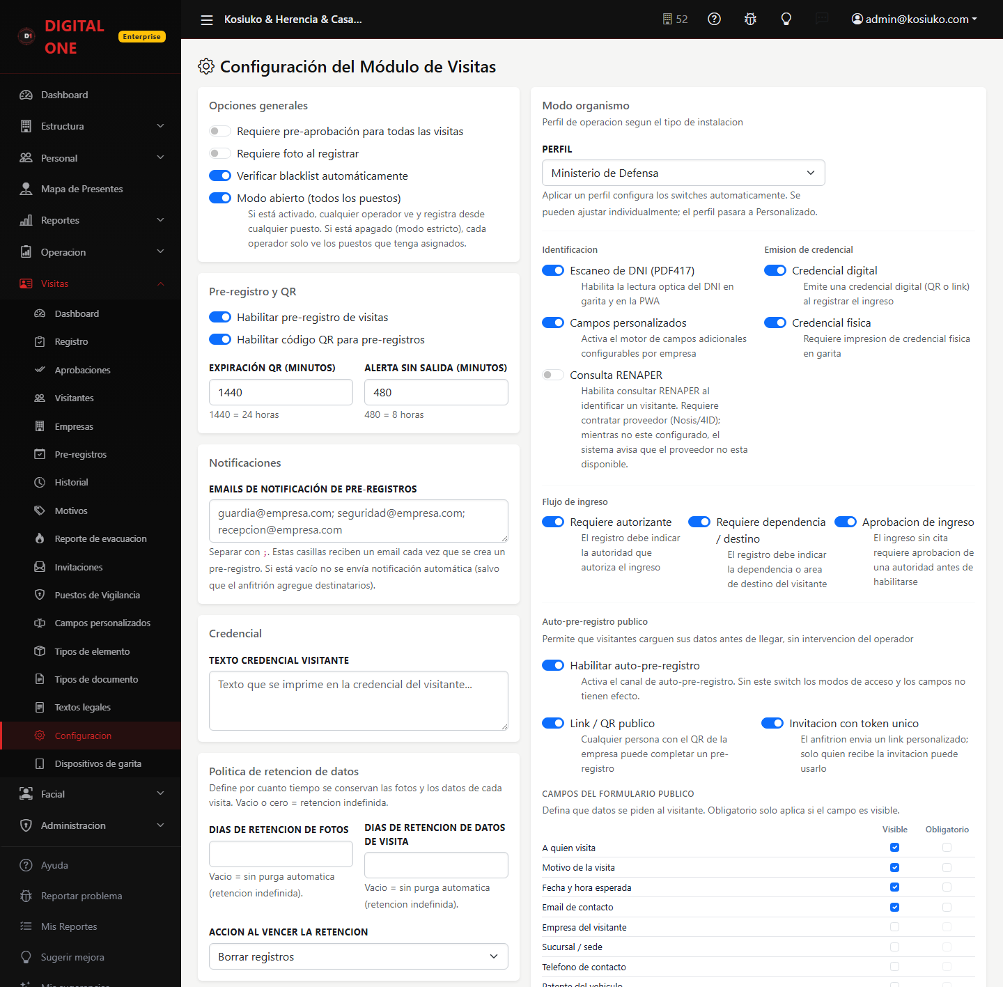 Configuración del módulo de visitas: opciones generales, pre-registro, identificación y modo organismo