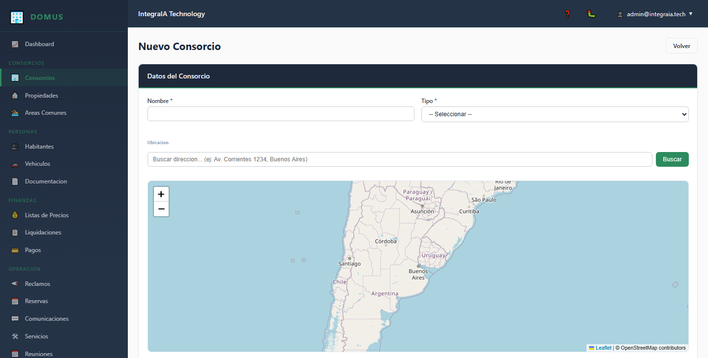 Formulario de alta de un nuevo consorcio en Domus con mapa de ubicación